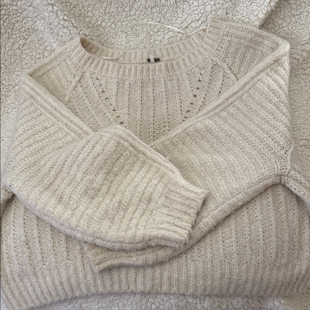 Free People Cream Ribbed Crew Neck Sweater